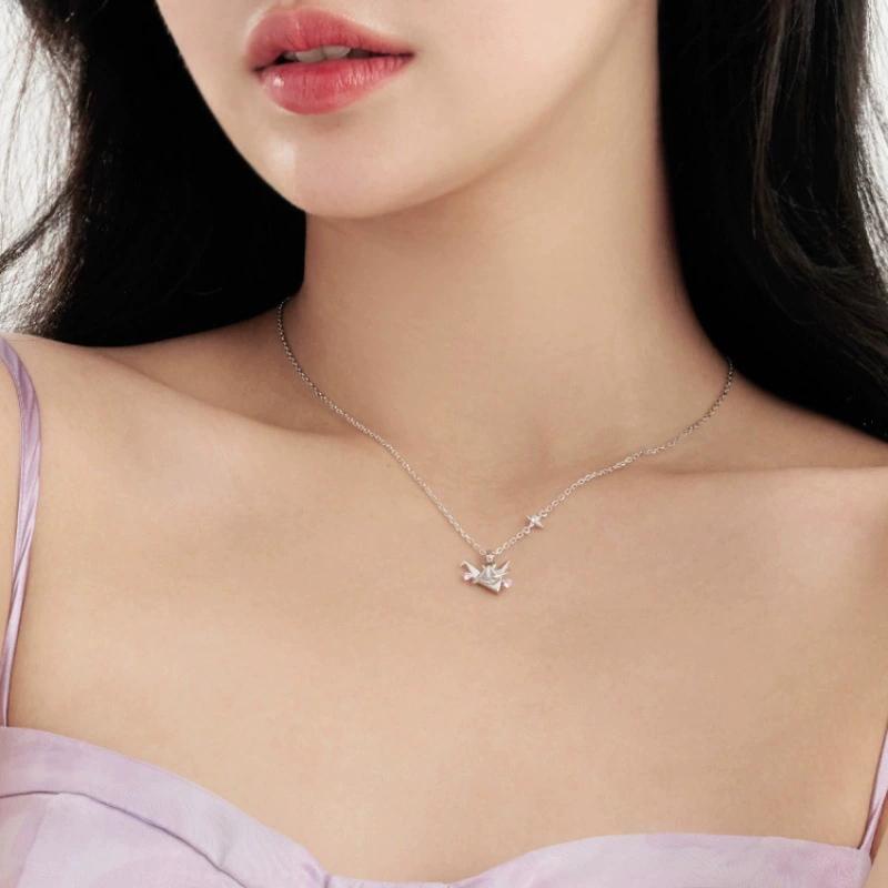 925 Silver Thousand Paper Crane Necklace Women's Cute Pink Zirconia Lock Chain Fashionable Creative Star Necklaces Girl Gift