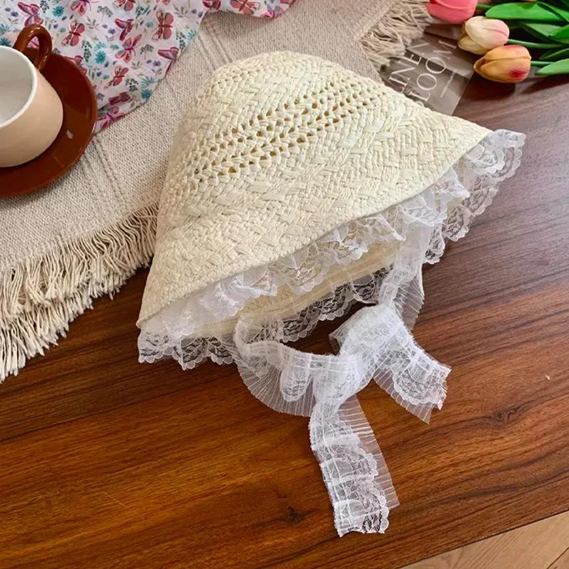 New Korean Simple Lace Big Brim Straw Hat for Women's Summer Outdoor Hollow Breathable Sunshade Seaside Vacation Sun Hats