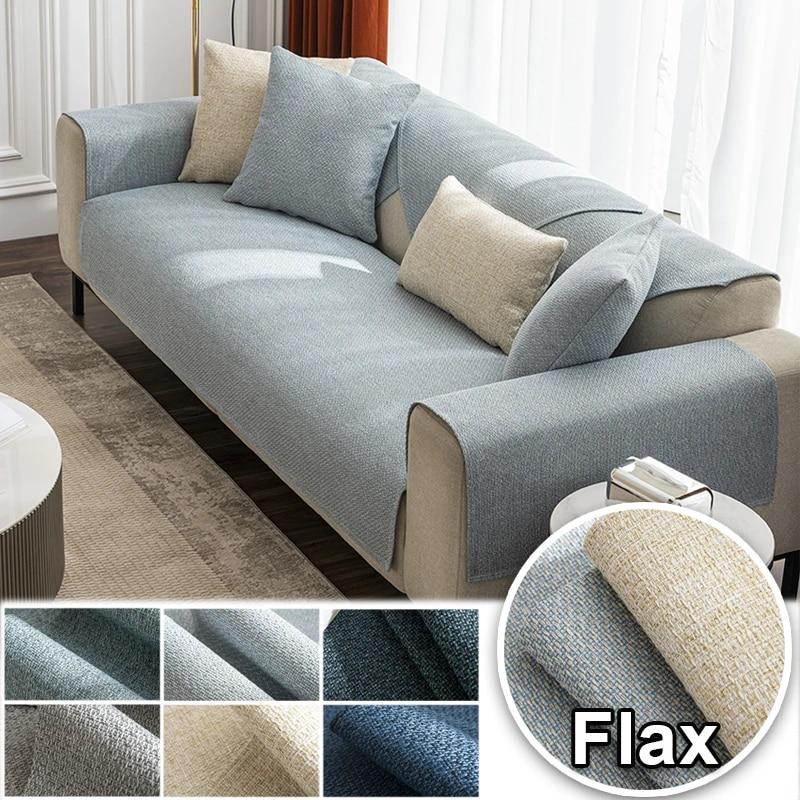 Flax Sofa Cover Solid Color Sofa Slipcover Non Slip Seat Cushion Cover Furniture Protector For Bedroom Office Living Room Decor