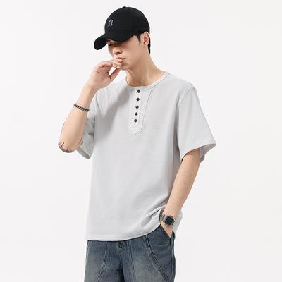 Vintage Stil Kurzarm T-Shirt für Herren Henry-Hals Lockerer Schnitt Sommer Neueste Kurze Bluse