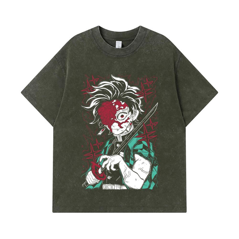 

275 GSM Washed T-shirts 100% Cotton Demon Slayer V42 Demon Tanjiro Print Unisex Heavy Cotton T Shirt S армия зеленый