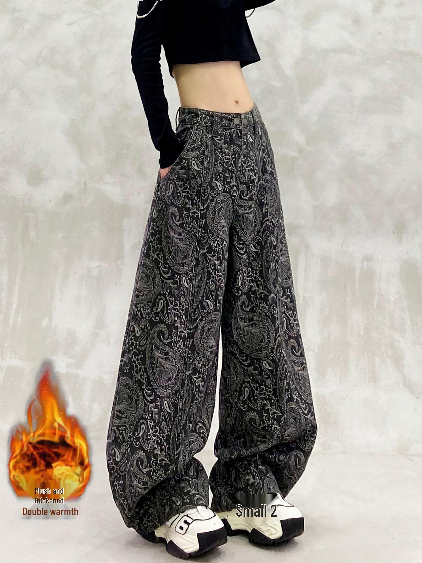 

Women s High Waist Velvet-Lined Denim Pants with Cool Print - Winter Curved Slimming Banana Fit L