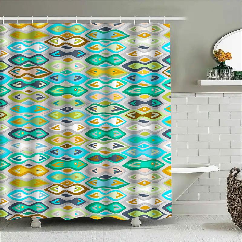 Brightly Colored Geometric Shower Curtain For Bathroom Decor Modern Waterproof Fabric With Hook Rings Set (Blue/White/Green)