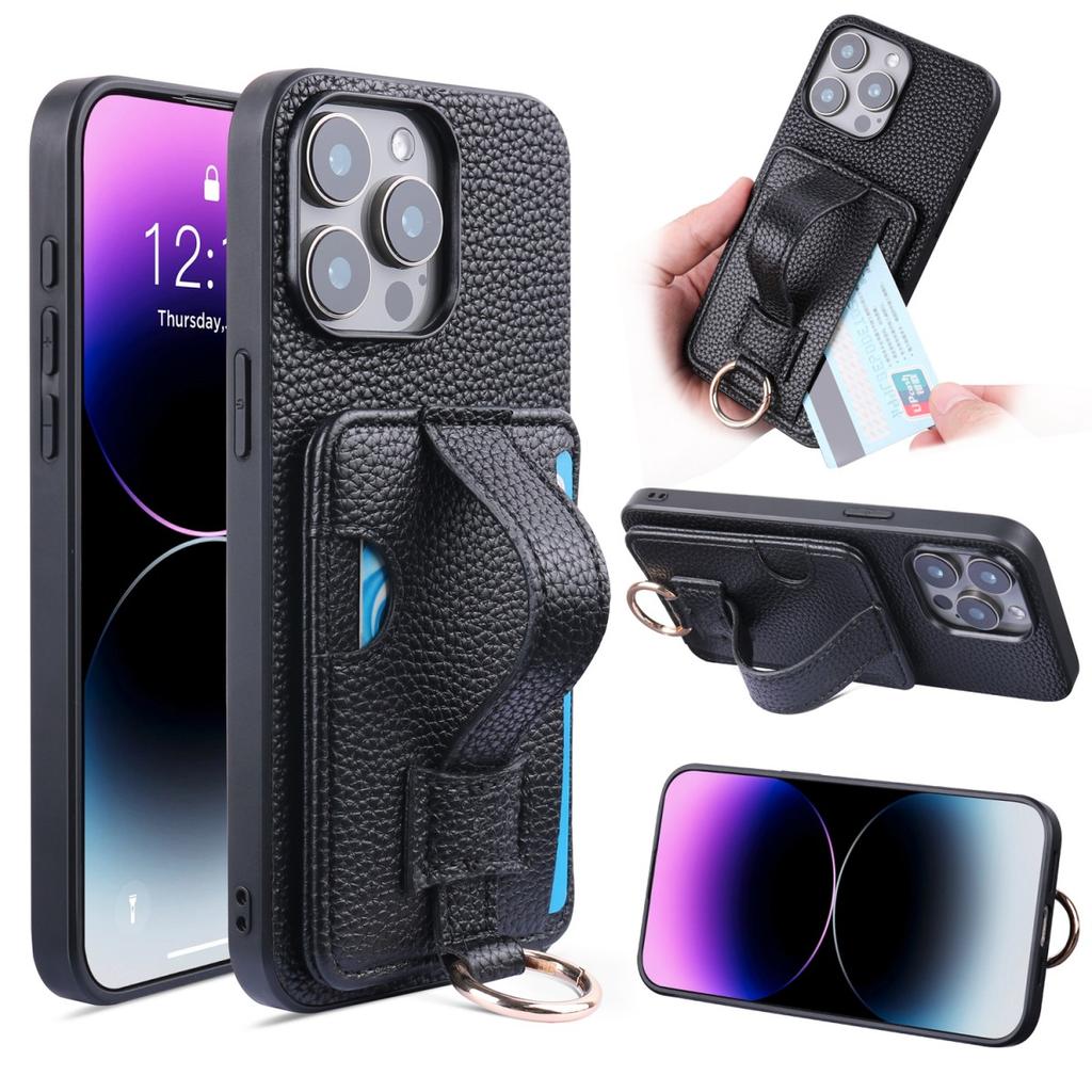 High End TPU+PU Leather Black Case for iPhone 11 13 12 14 15 16e Pro Max Fashion Wrist Strap Ring Grip Card Holder Wallet Sleeve