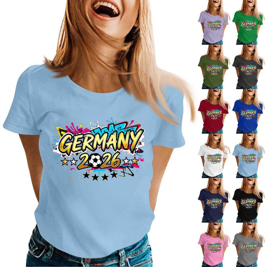 Womens Casual Crew Neck Short Sleeve Pullover T Shirt with Germany 2026 Letter Print Graphic for Soccer Supporters Top