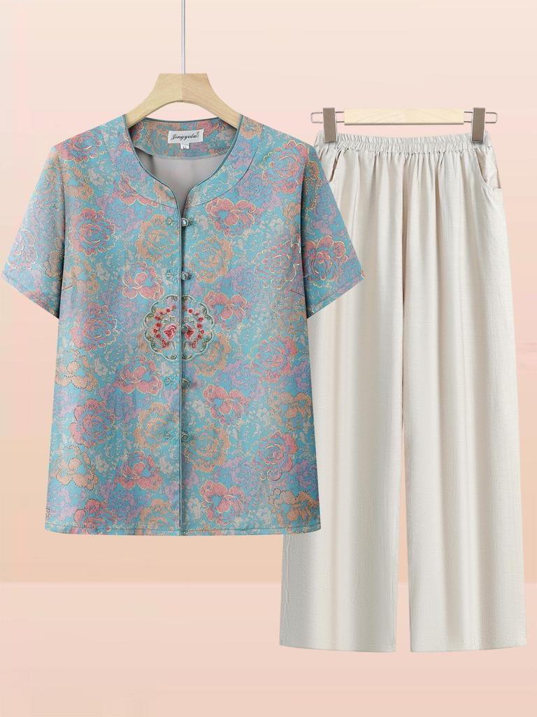 Mom's Chinese-Style Short-Sleeve Summer Top Set for Middle-Aged and Elderly Women