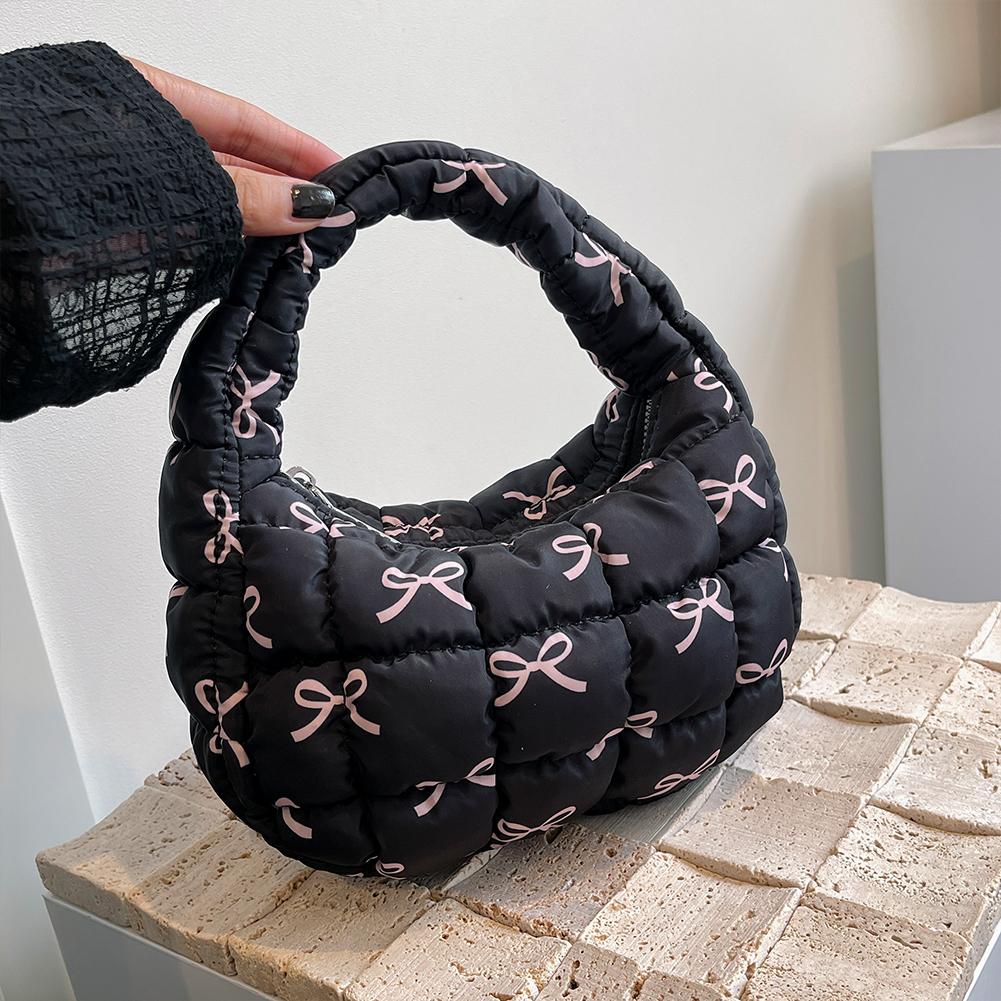 

Quilted Tote Bag for Women Bowknot Print Mini Cloud Pleated Bag Zipper Crescent Bag Hobo Bag Wrist Satchel