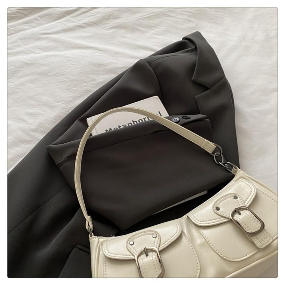 Fashion Double Pocket Shoulder Bag Glossy PU Leather Top Handle Bag Zipper Solid Color Underarm Bag Women
