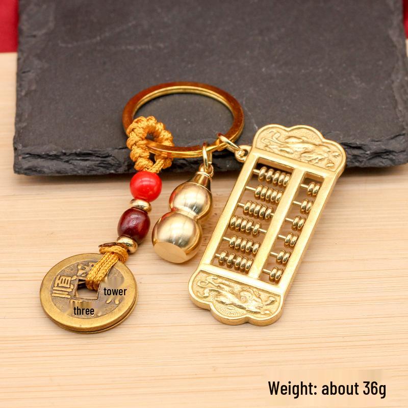 Brass Five Emperors Coin & Pixiu Keychain with Abacus, Gourd & Dragon Talisman for Wealth Attraction