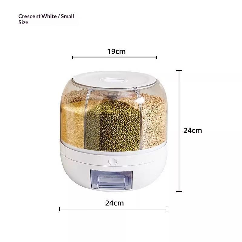 360° Rotating Rice Storage Box 6 Grid Divided Food Dispenser Airtight Grain Container Insect Proof Moisture Proof for Kitchen