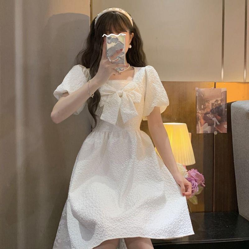 Summer French design sense niche sense square neck white bow dress fairy dress cake dress skirt women's clothing