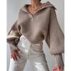 Women Knit Sweaters Jumpers Turn Down Collar Full Sleeve Splice Pullovers Straight Thick Sweater Knitted Ladies Autumn