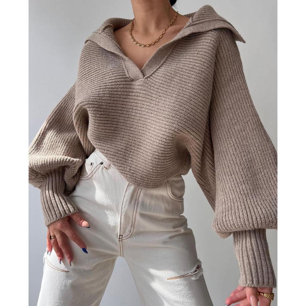 Women Knit Sweaters Jumpers Turn Down Collar Full Sleeve Splice Pullovers Straight Thick Sweater Knitted Ladies Autumn