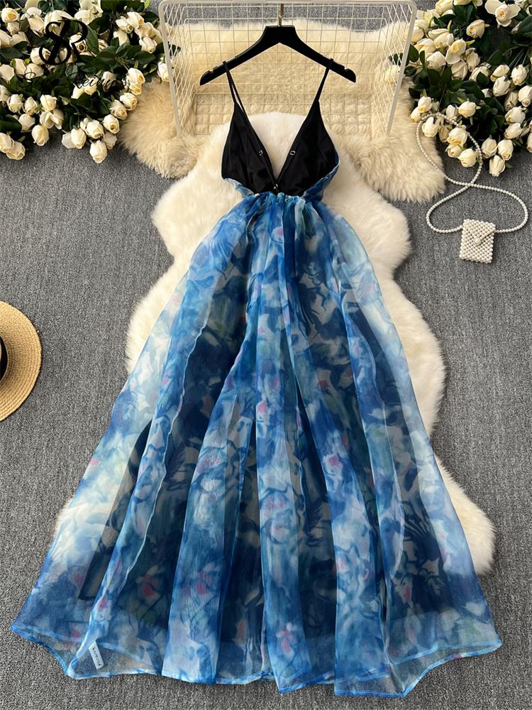 Abiti da sera sexy per feste di lusso Cinturino per spaghetti con scollo a V Abito da donna scava fuori senza schienale Estetico Abito lungo in organza lungo estetico