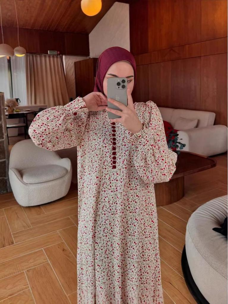 Cross-Border Muslim Women's Floral Long-Sleeved Swing Dress for Spring and Autumn