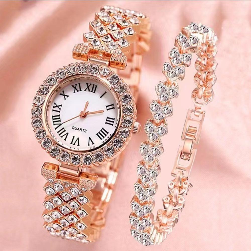 2PCS/Set Roma Dial Quartz Watches Stainless Steel Band Wrist Watch Bracelet Set  Women's Watch