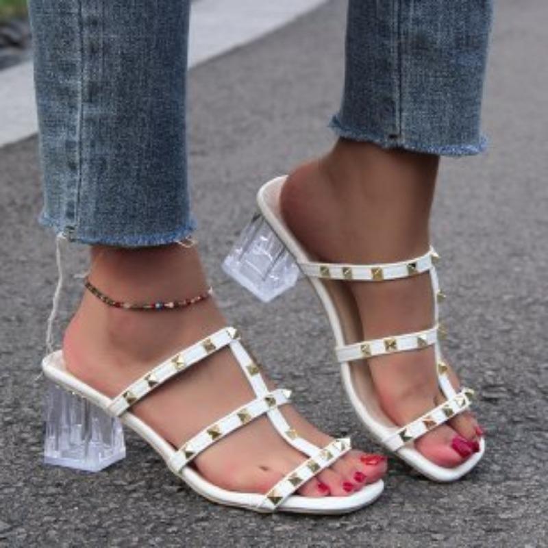 Large size sandals summer crystal heel with skirt slippers women's summer outer wear rivet sandals women's middle heel