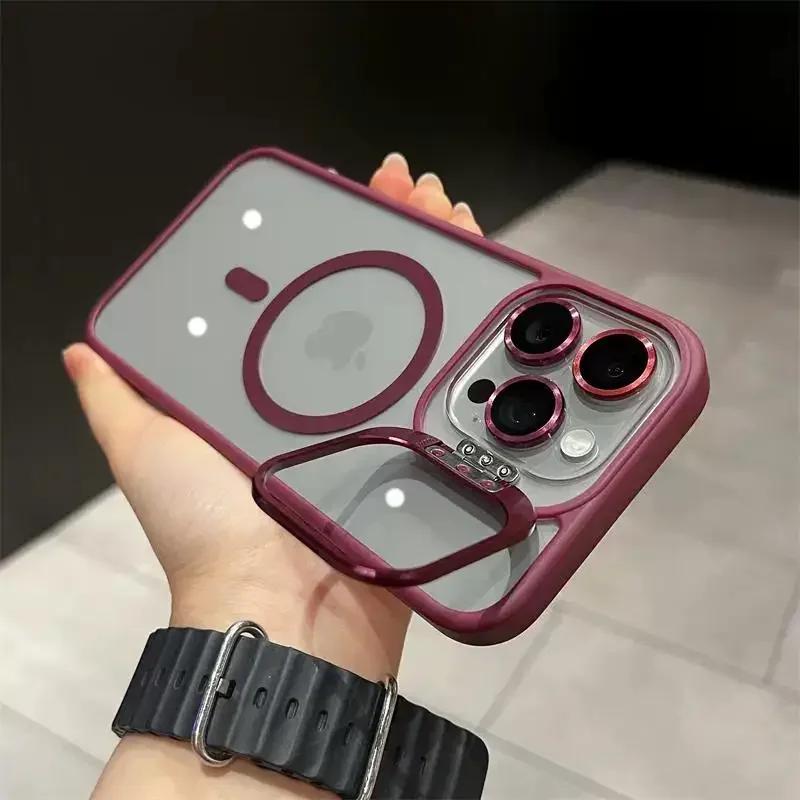 Magnetic Lens Metal Ring Stand Phone Case For IPhone 13 11 12 14 15 Pro Max Lens Glass Film Protection Transparent Magsafe Cover