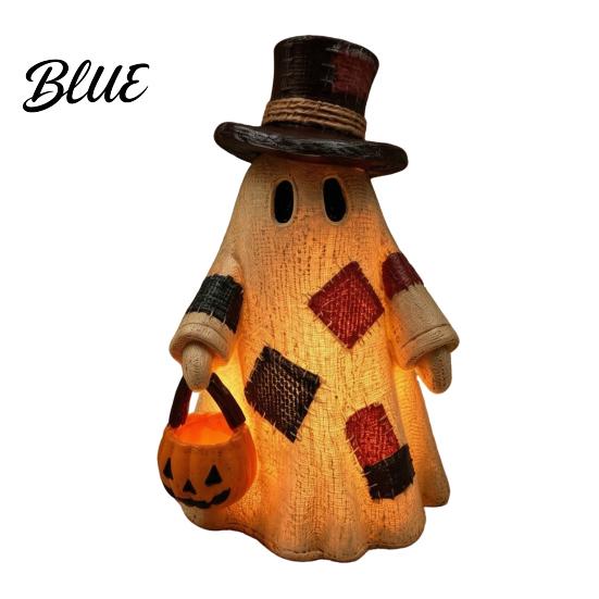 Decorazioni di Halloween per Fattoria Fantasma Patchwork Illuminato Statuetta in Resina con Lanterna di Zucca Stile Rustico Artigianato Stagionale Lampada da Tavolo Autunno Vintage