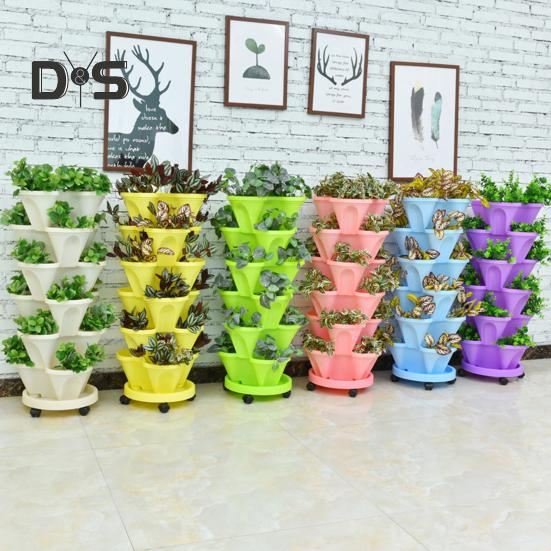 6 Tier Stackable Vertical Planter Stacking Tower Indoor Outdoor Gardening Planter with Movable Casters And Bottom Saucer for Strawberry Herb Flower
