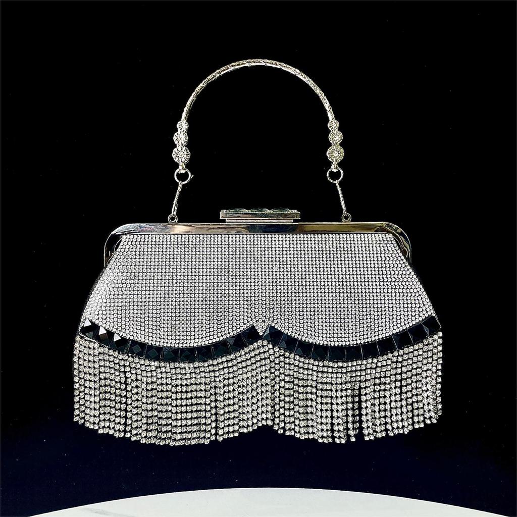 Pochette in Poliestere con Frange per Feste Serale con Manico a Catena per Eventi Formali