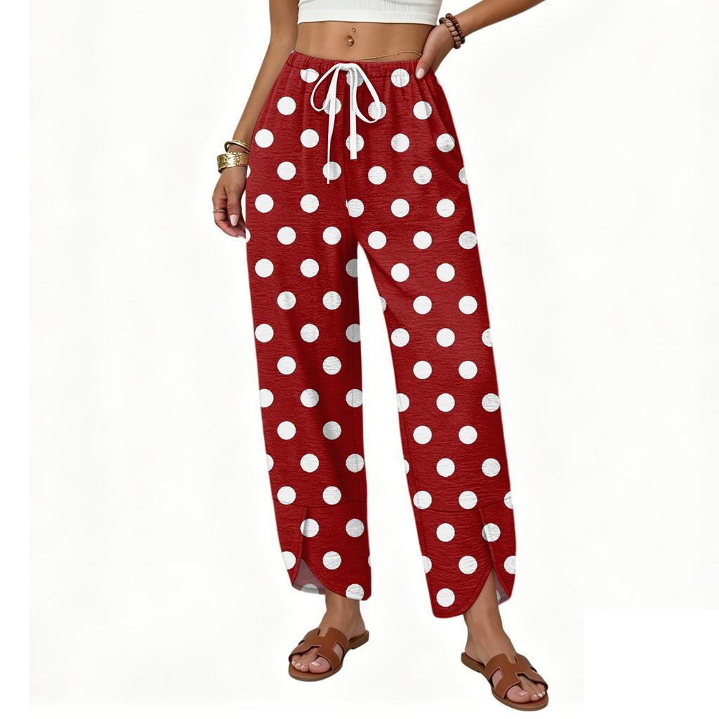 Damen Lässige Weite Hosen Lockerer Sitz Gerader Schnitt Knopfdetail Bedrucktes Muster Kordelzug Taille Lange Hosen
