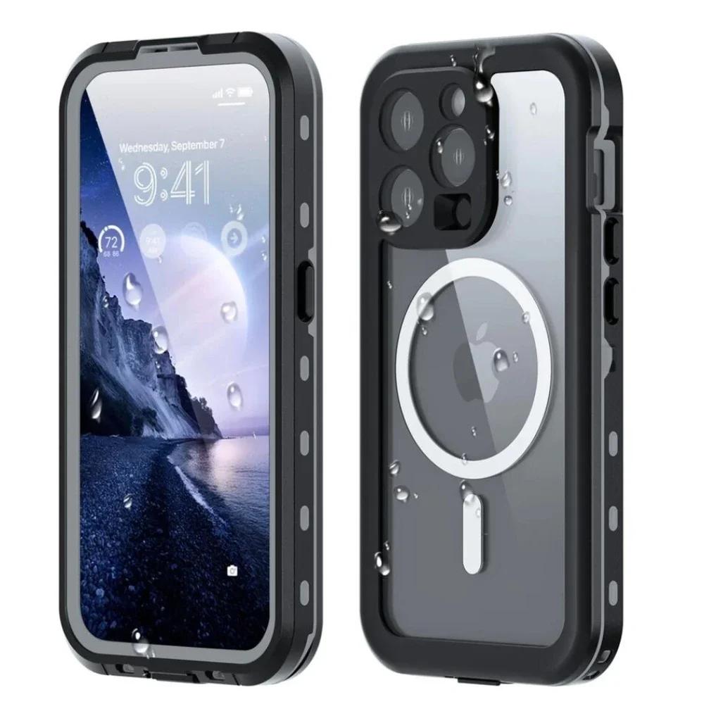 Case For iPhone 17 Air 16 15 14 Plus 13 Pro Max IP68 Waterproof Swim Diving Magnetic Dustproof Cover Underwater Protect Shell iPhone 15 чёрный