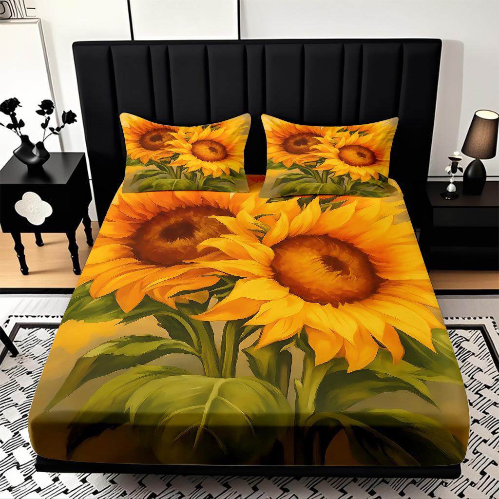 Home Textiles Sunflower Pattern 3D Digital Printing Sanded Sheet Three-Piece Set, Pattern