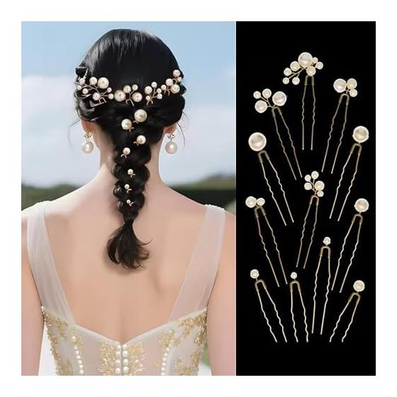 12pcs Pearl Hair Pins for Women, U-Shaped Bridal Hair Accessories for Wedding, Graduation, Anniversary, Photo Shoots - Bronze Color, Faux Pearl,