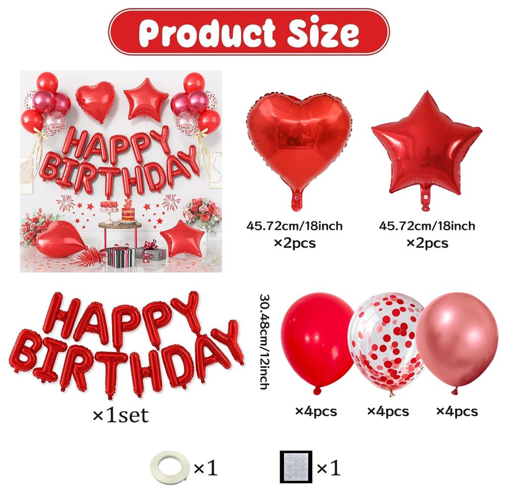 23pcs Red Happy Birthday Letter Balloons Set Love Pentagram Aluminum Film Balloon for Birthday Party Valentine's Day Decoration
