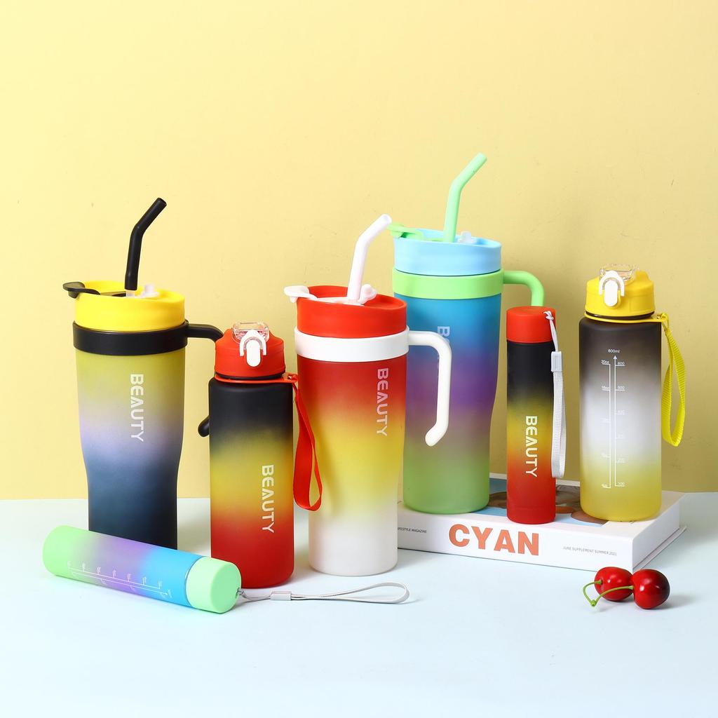40oz Gradient Plastic Cup Set: Large Capacity, Portable Handle, Ice King Cup with Straw & Lanyard