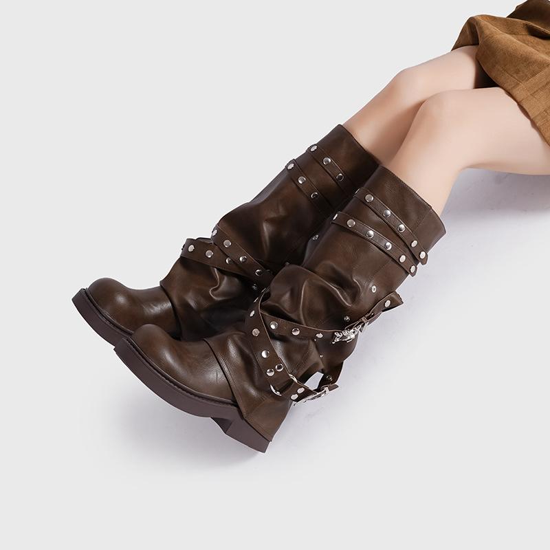 Factory customized new Maillard trouser boots women's European and American round head niche design long boots rivet knight boots