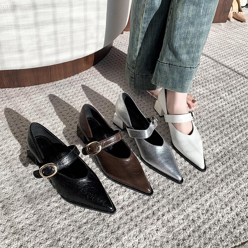 Spring Women's Heeled Single Shoes Fashionable Mid-heel Gold Buckle Mary Jane Shoes Women's Pointed Toe Boat Shoes Zapatos Mujer