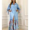 Sieben Zehntel Damen Patchwork Spitze Hemdärmel Kleid Lang