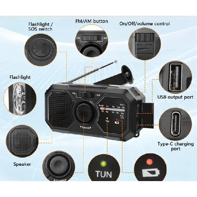 Portable Solar Radio, Emergency Kits first Aid Radio with Crank, Dynamo AM/FM Radio,Blackout  Power station,USB Phone Charger