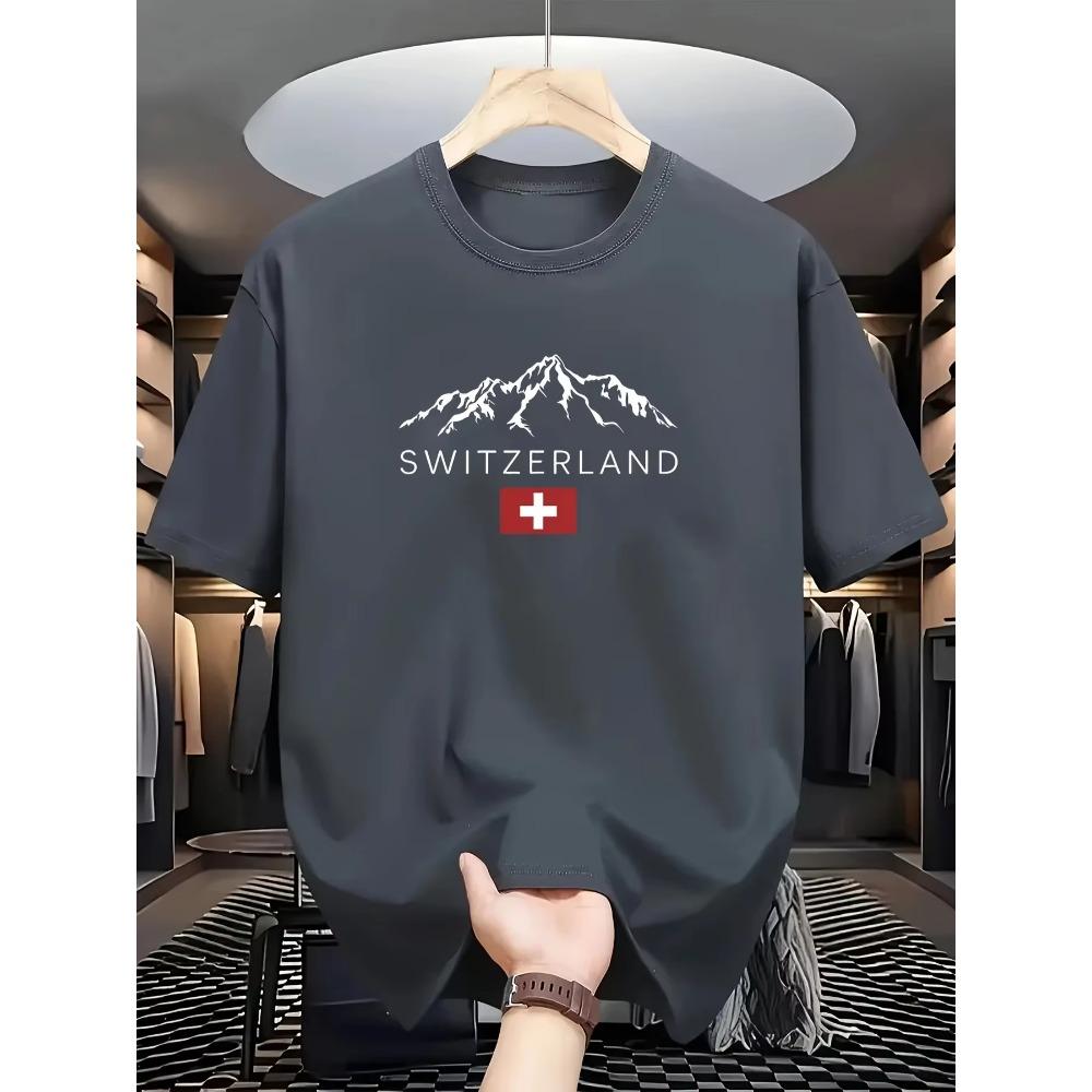 Men's Summer 100% Cotton Fashionable Casual Loose Sports Swiss Mountain Pattern Printed Round Neck Short Sleeved T-shirt Top