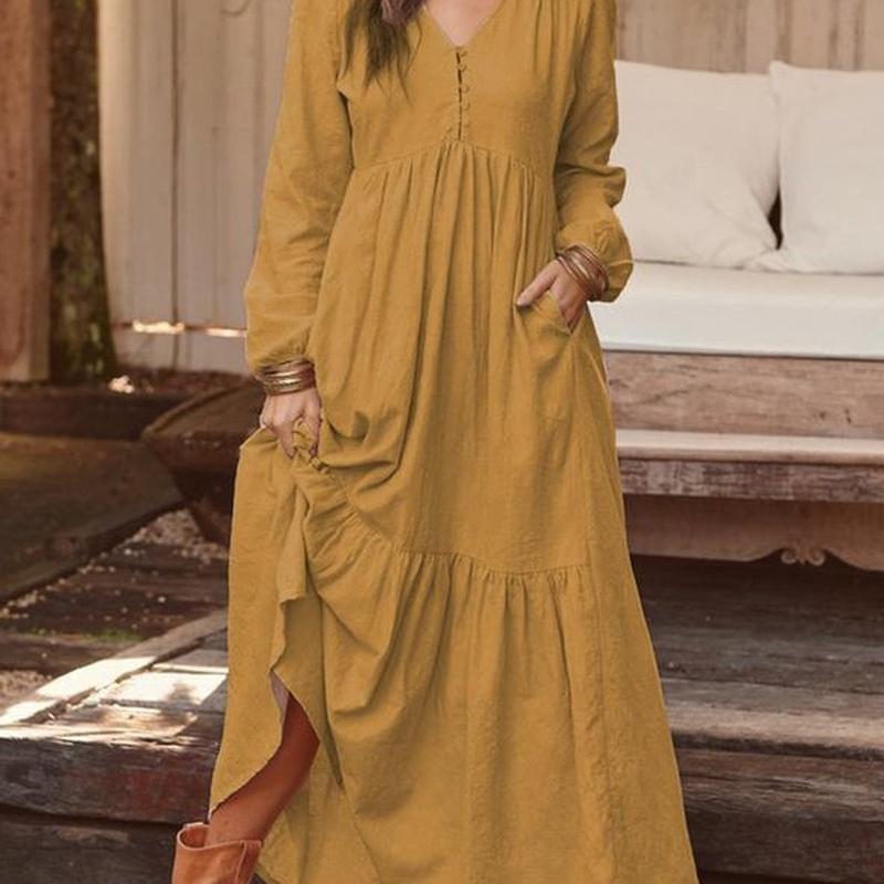 Spring and Fall European Style Women Clothing Cotton Vintage Casual Long Sleeve Maxi Dress L