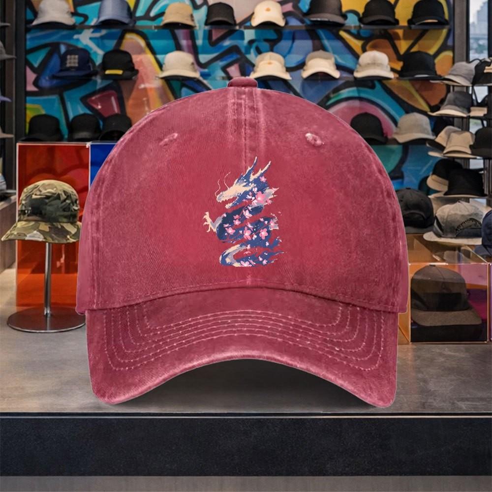 Dragon Cherry Blossom Washed Baseball Cap Unisex Adjustable Cotton Outdoor Casual Hat