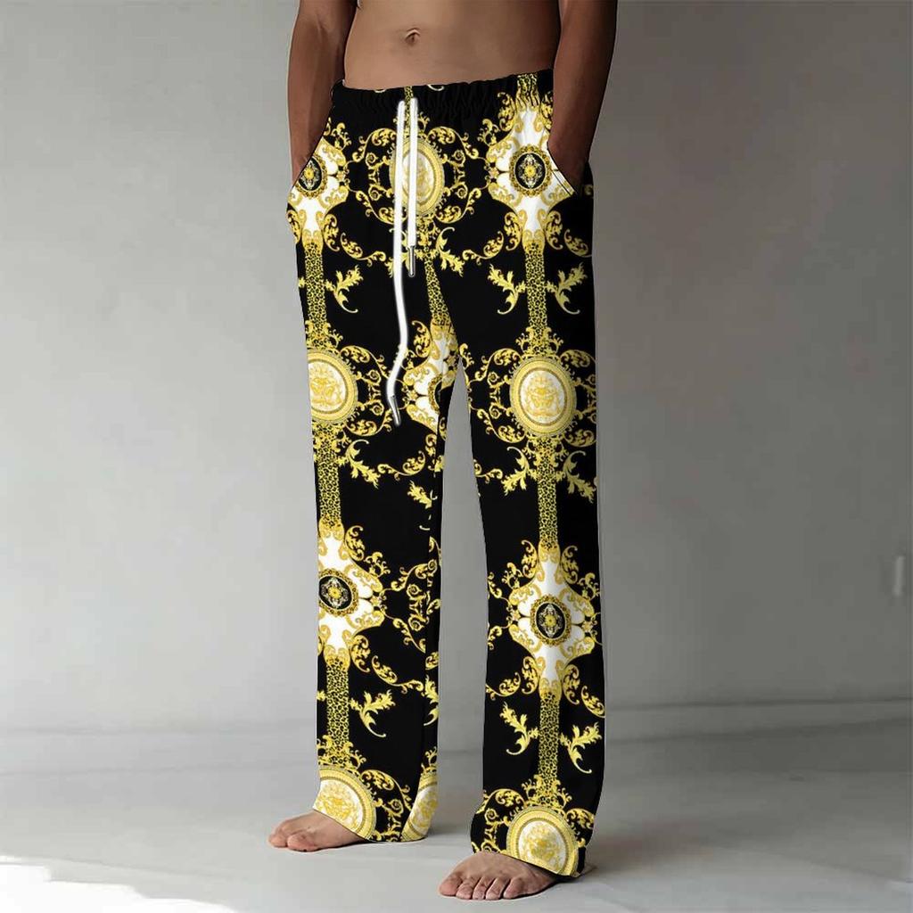 Men Orange Green Red African Kente Geometric Print Drawstring Straight Trousers With Side Pockets Ethnic Bottoms