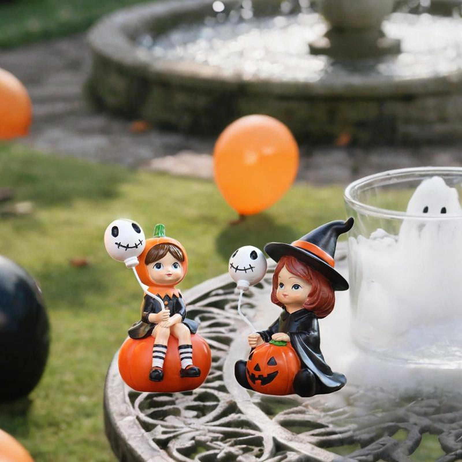 

2x Halloween Statues Sculptures Artwork Resin Ornaments Pumpkin Girl Figurines for Living Room