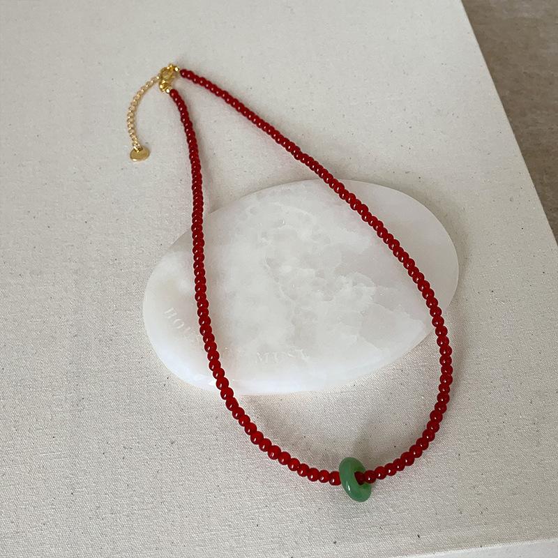 New Chinese Style Red Beaded Green Running Ring Elastic Rope Bracelet Necklace Women'S Light Luxury Fashion Versatile Bracelet Jewelry