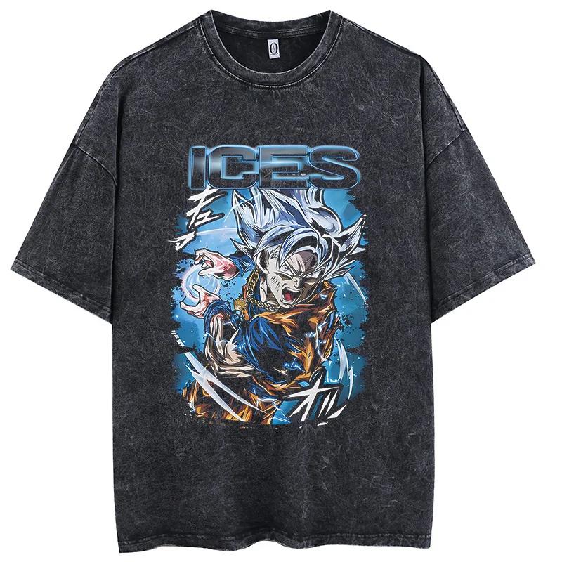 Men Fashion Tshirt Washed Black Vintage Japanese Anime Dragon Ball TShirt Hip Hop Streetwear Summer Cotton T Shirt Unisex
