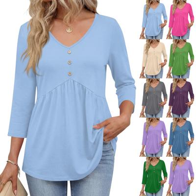 Women 34 Sleeve V Neck Button Solid T Shirt Top with Loose Fit and Soft Fabric for Daily Wear Office Casual