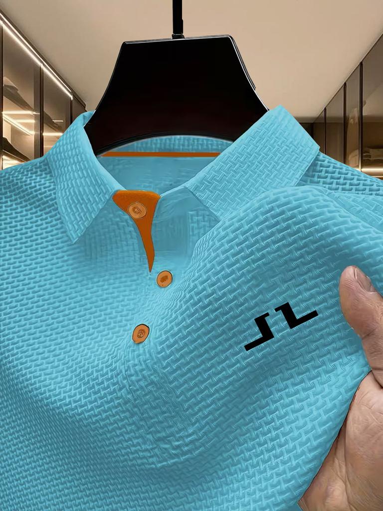 Men's Geometric Pattern Outdoor Golf Casual Polo Shirt with Short Sleeves, Color Block - Men's Business Casual Polo Shirts for Spring and Summer