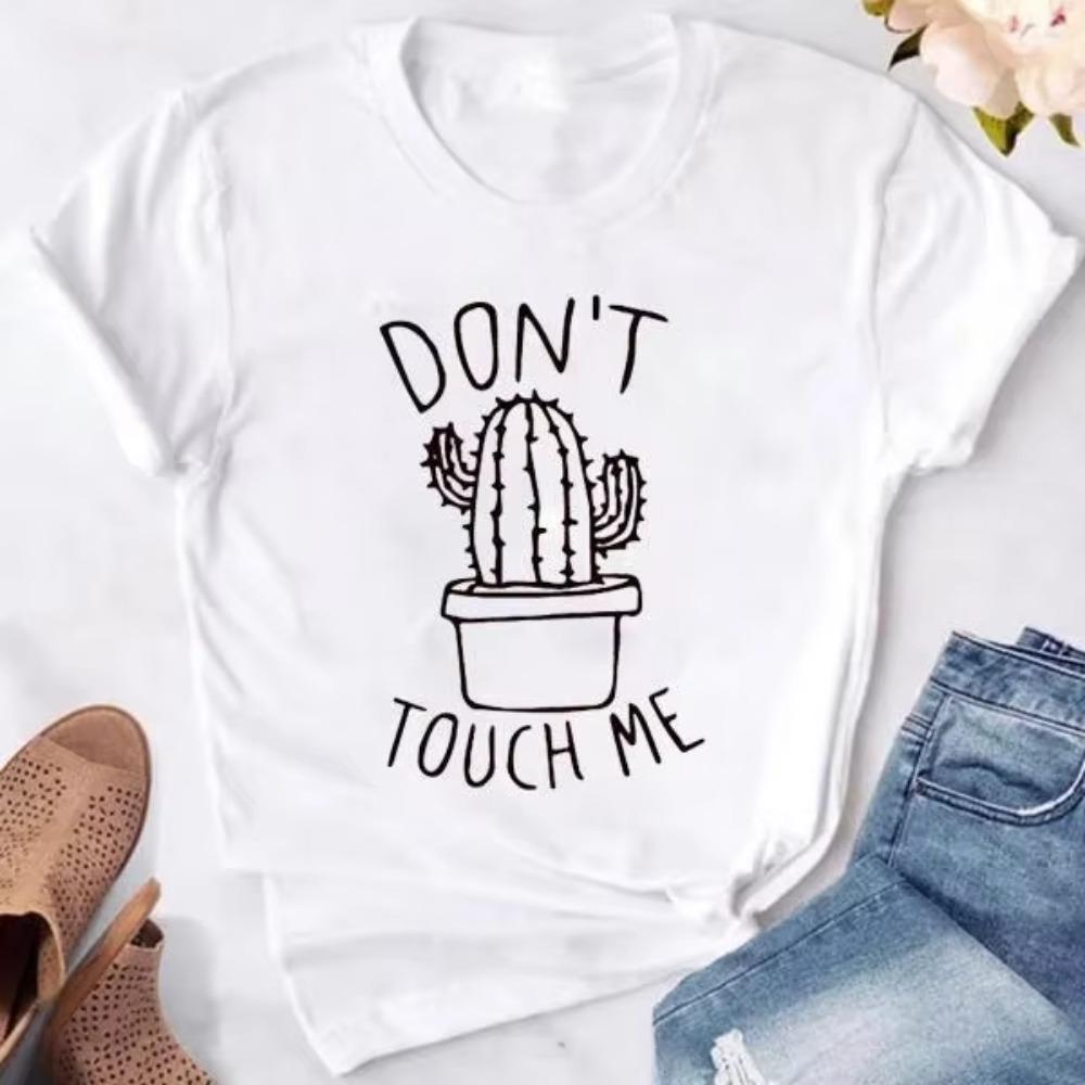 Cute Cactus Don't Touch Me T-shirts For Women Summer Tee Shirt Femme Casual Short Sleeve Round Neck Tops T-shirts