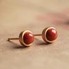 Matte Gold Tone Round Red Accent Minimalist Stud Earrings