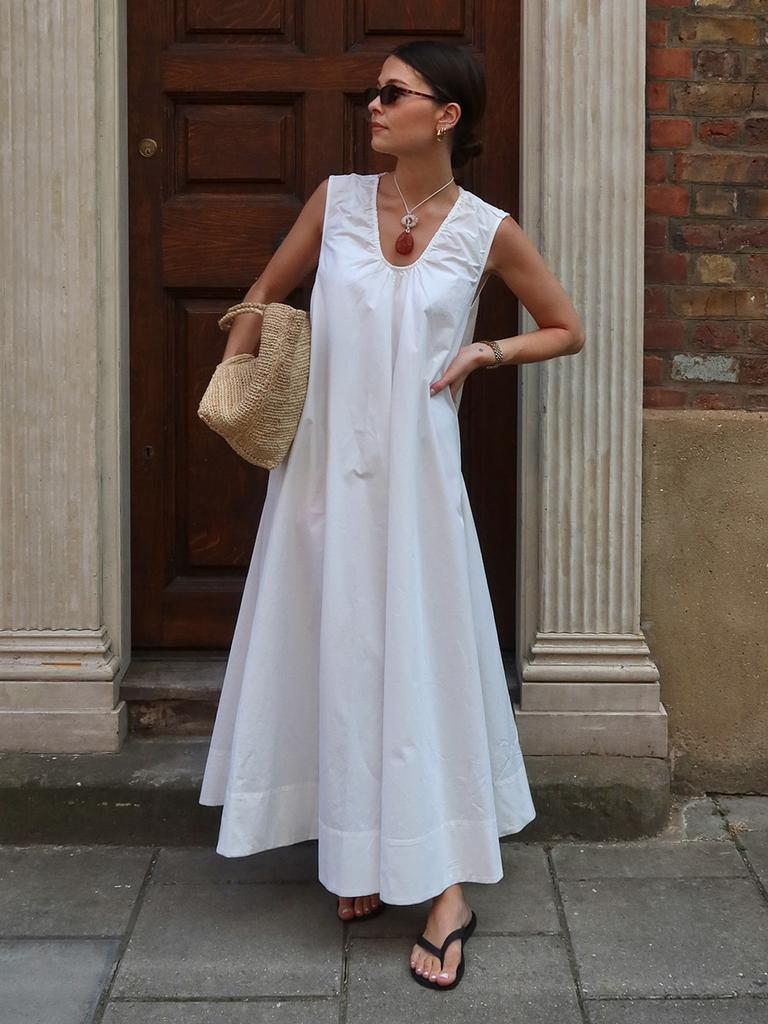 Ärmelloses Kleid Europäischer und Amerikanischer Sommer Neu Reine Baumwolle Urlaub Lässig U-Ausschnitt Locker Lang Kleid Kleid