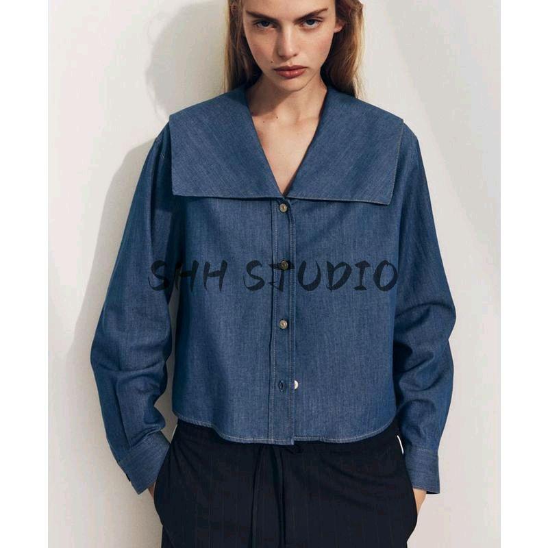 25 Spring New Women's Clothing French Retro Denim Effect Cotton Flat Lapel Long Sleeve Shirt 6929061
