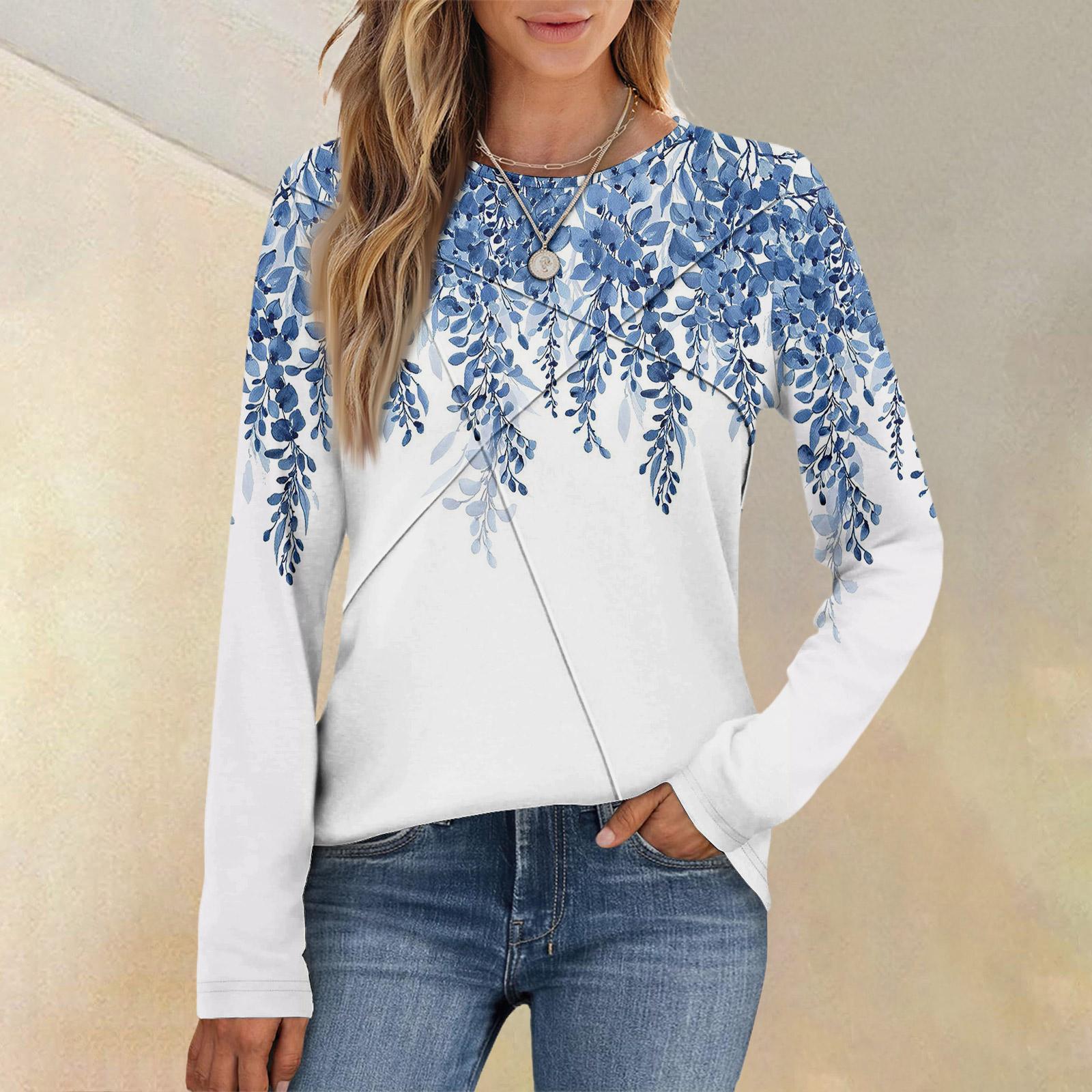 

Модная женская блузка с длинным рукавом, круглым вырезом, повседневная, плиссированная, с цветочным принтом, свободного кроя L темно-синий