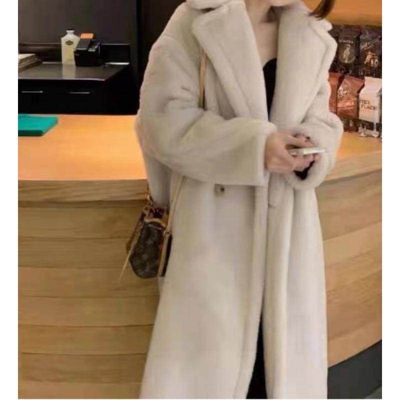 2 New autumn and winter Iceland imitation cashmere long coat teddy bear imitation fur coat women's black peach powder